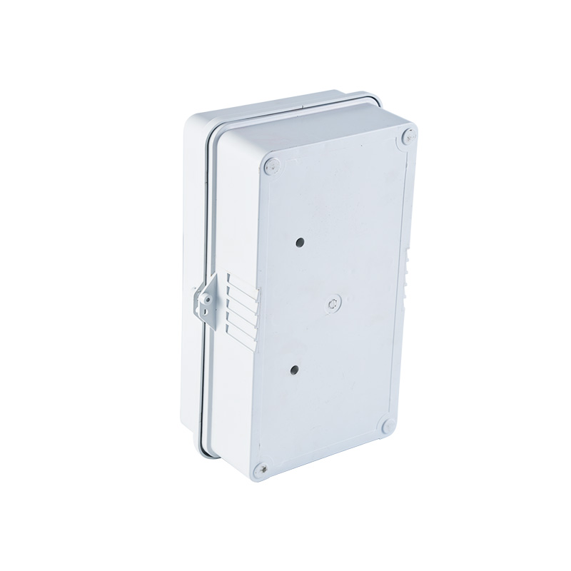 Side view of white SMC electric meter box showing hinges, mounting points, and closed enclosure design.
