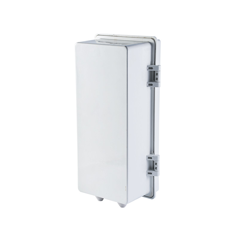 White electrical meter box shown from the back, featuring hinges and closed door design.