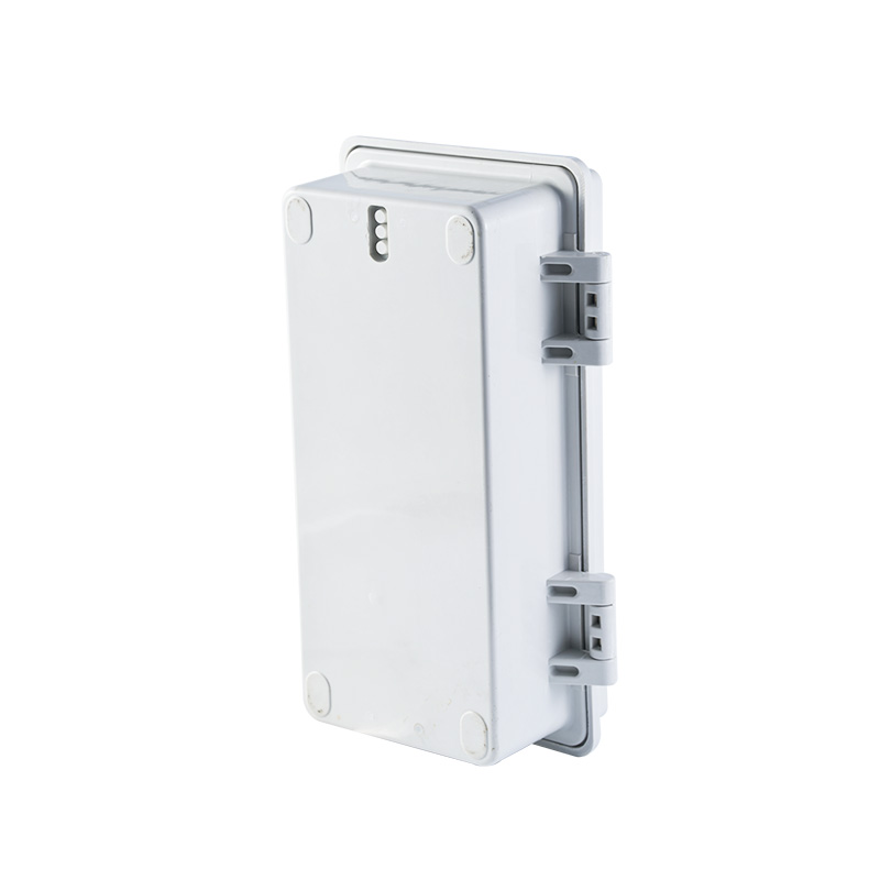 Side view of white SMC single phase electric meter box showing hinges, mounting points, and closed enclosure.