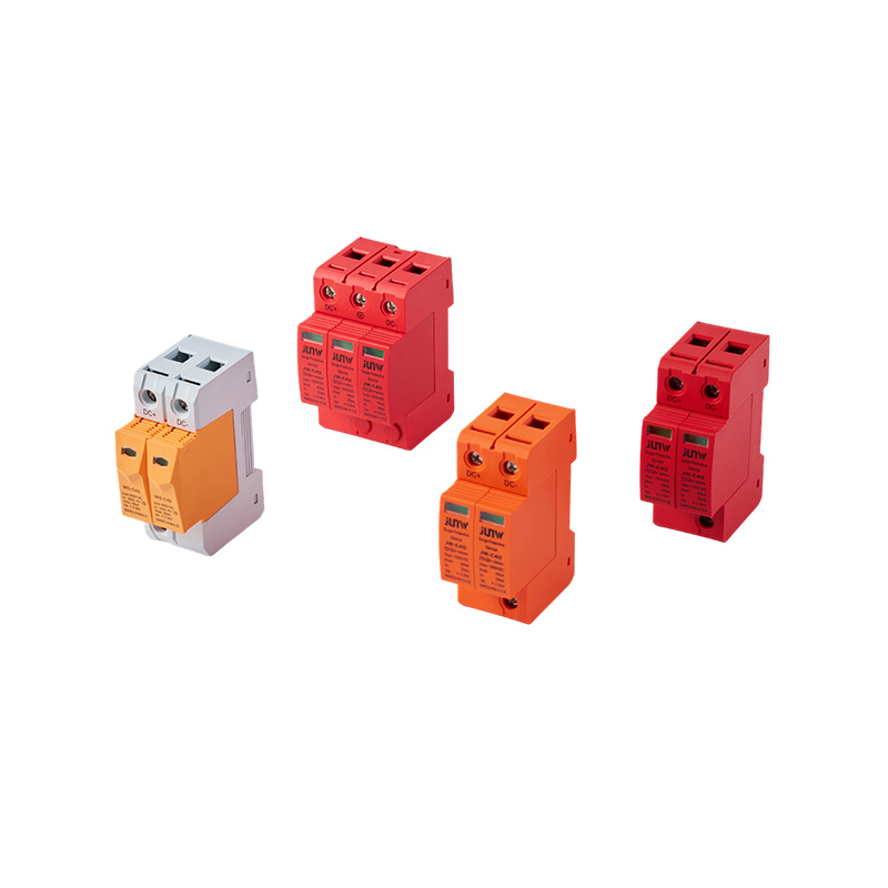 Four JUNW JW-C40 DC surge protective devices in white-orange, red, and orange colors
