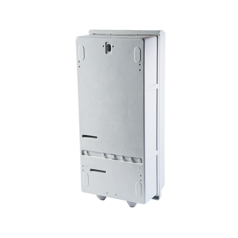 Rear view of white SMC three phase electric meter box showing mounting holes and weatherproof enclosure structure.