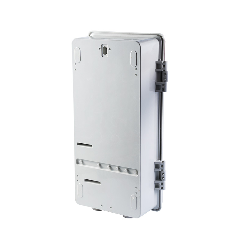 Side and rear view of white three-phase electric meter box showing mounting points, and weatherproof enclosure structure.
