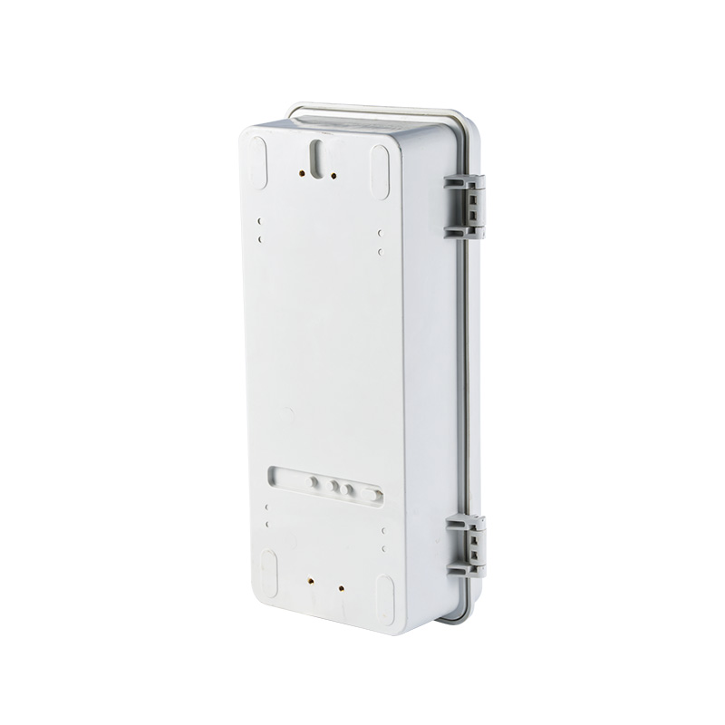 Back view of white single-phase electric meter box showing hinges, mounting points, and closed enclosure design