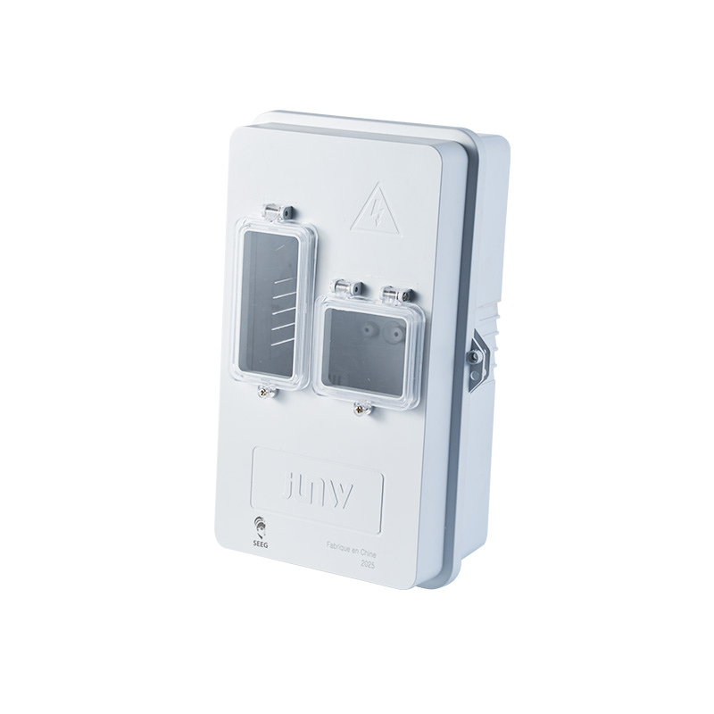 White SMC electric meter box with dual transparent windows, warning symbol, and JIWU branding on the front.