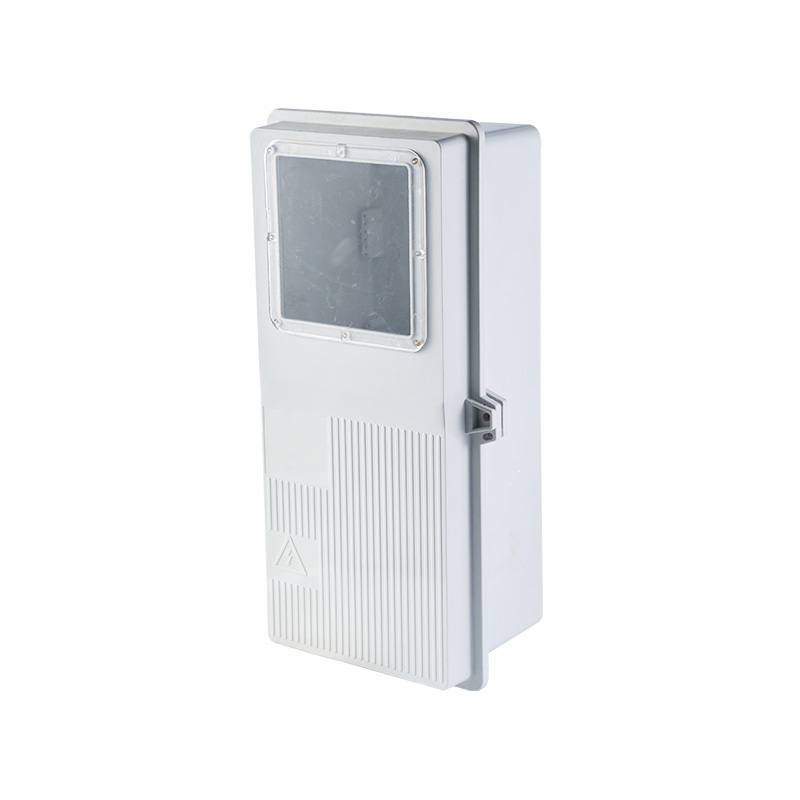 White SMC single phase electric meter box featuring a transparent window and hinged door design, shown at a slight angle.