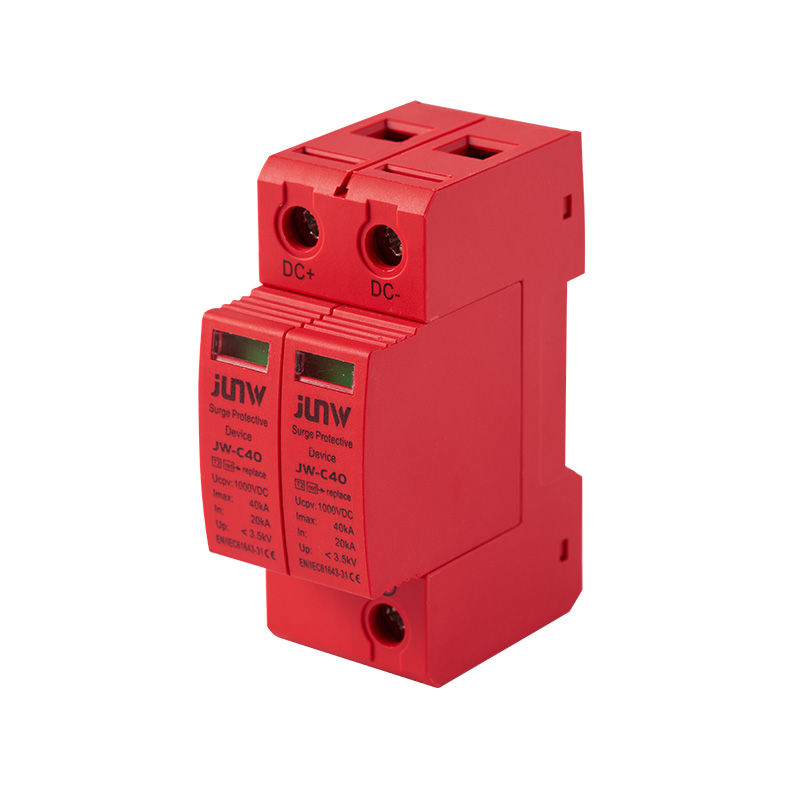 Red JUNW JW-C40 DC surge protective device with two modules, terminals labeled DC+ and DC-, and green status indicators.