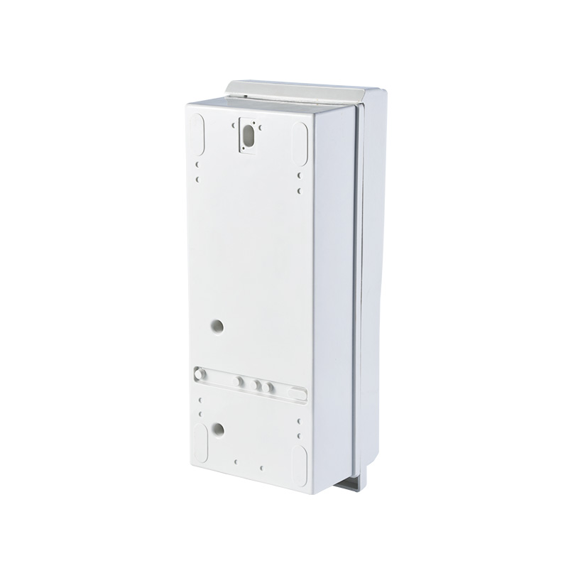 Side view of white single phase electric meter box displaying enclosure depth and mounting structure.