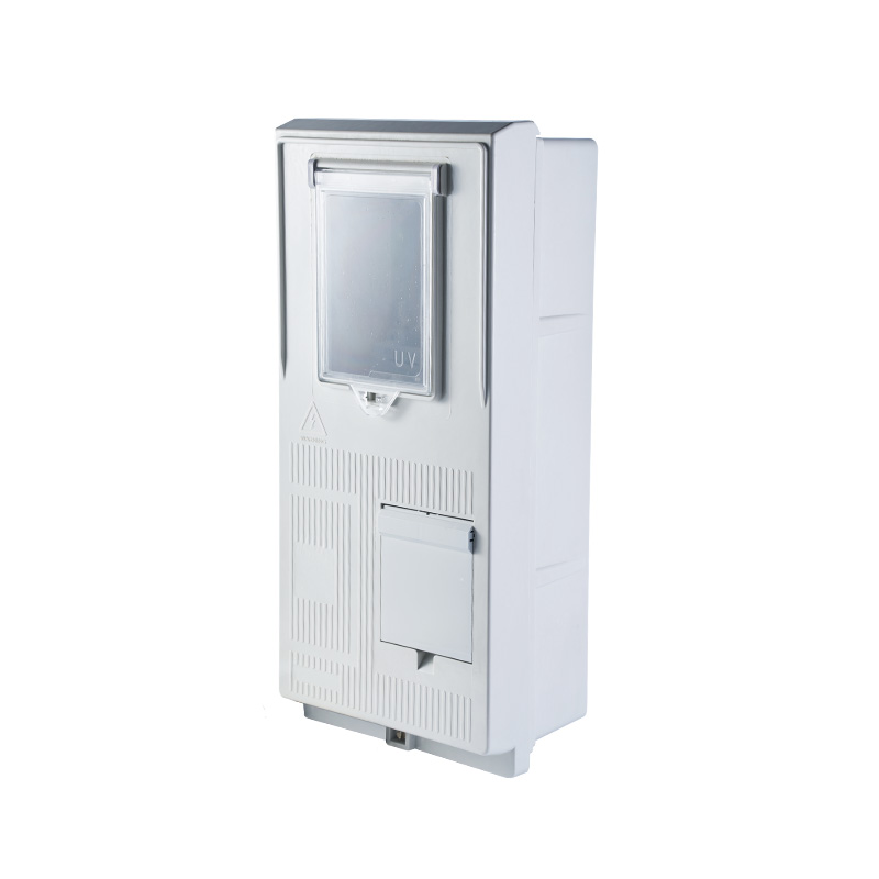 Angled front view of white SMC three phase electric meter box featuring transparent viewing window and weatherproof design.