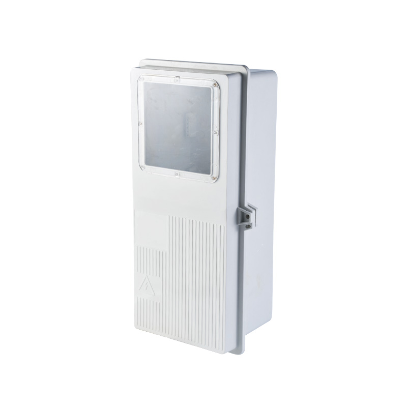 White SMC single phase electric meter box with transparent viewing window and safety warning symbol on the front.
