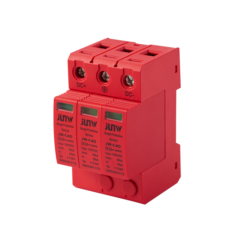 Red three-module JUNW JW-C40 DC surge protective device showing multiple DC terminals and protection modules.