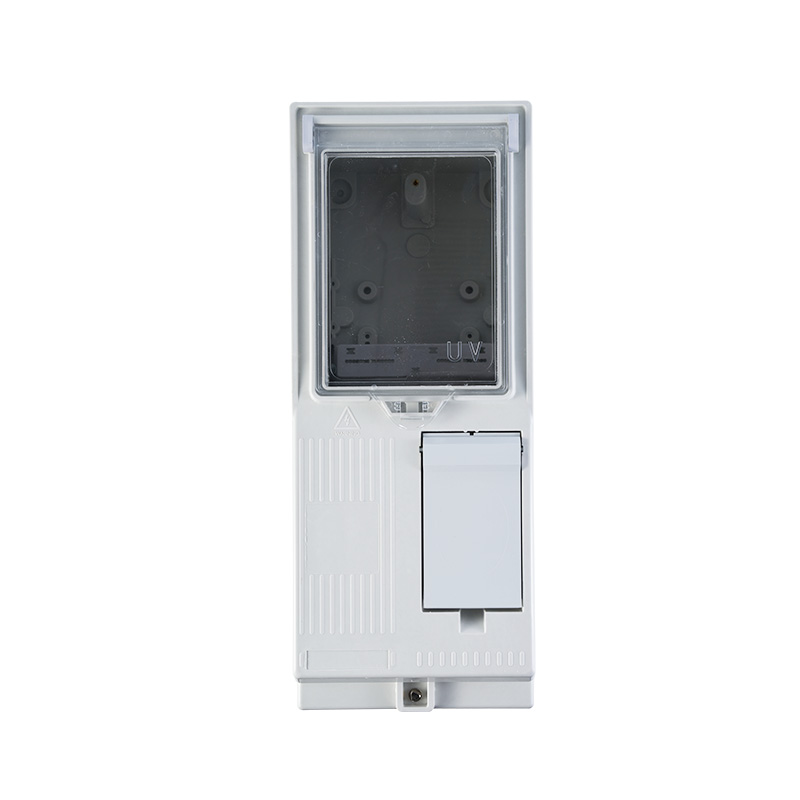 Front view of white single phase electric meter box with transparent upper window and lower access flap.