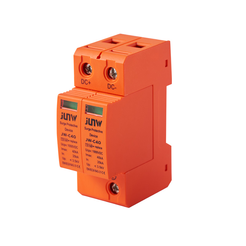 Orange JUNW JW-C40 DC surge protective device with two modules and clear technical labeling.