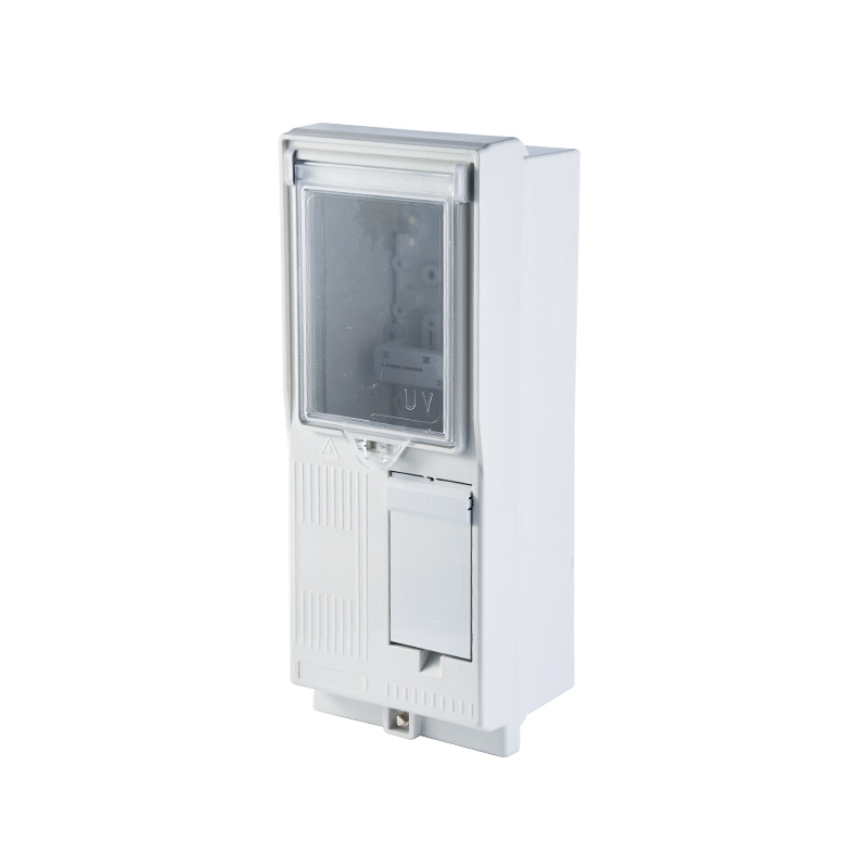 Angled view of white single phase electric meter box with transparent window and hinged cover.