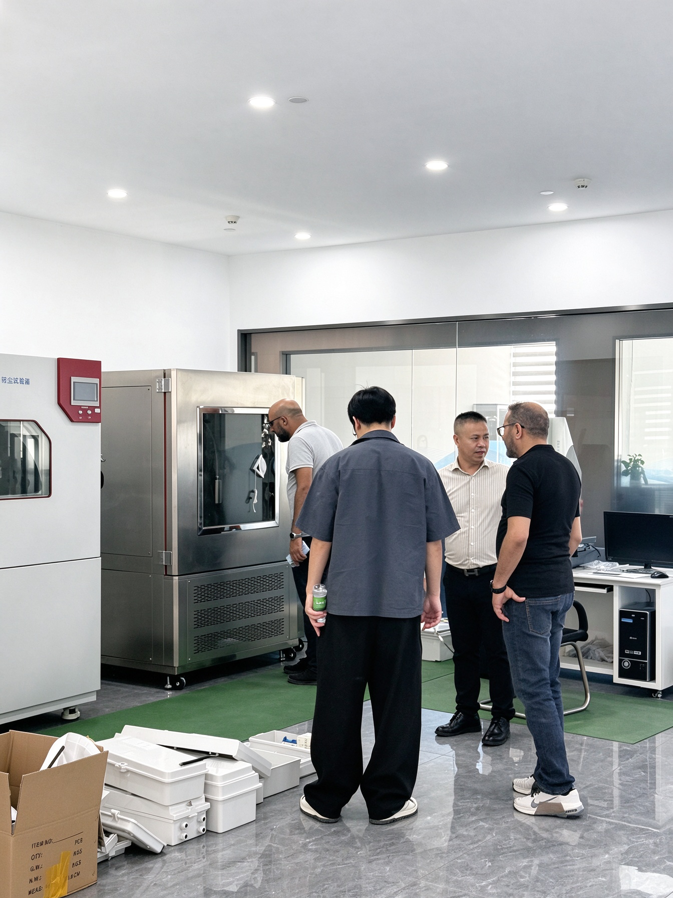 junwei-tunisian-clients-laboratory-discussion Tunisian clients and Junwei Electric team members discussing testing equipment in the laboratory
